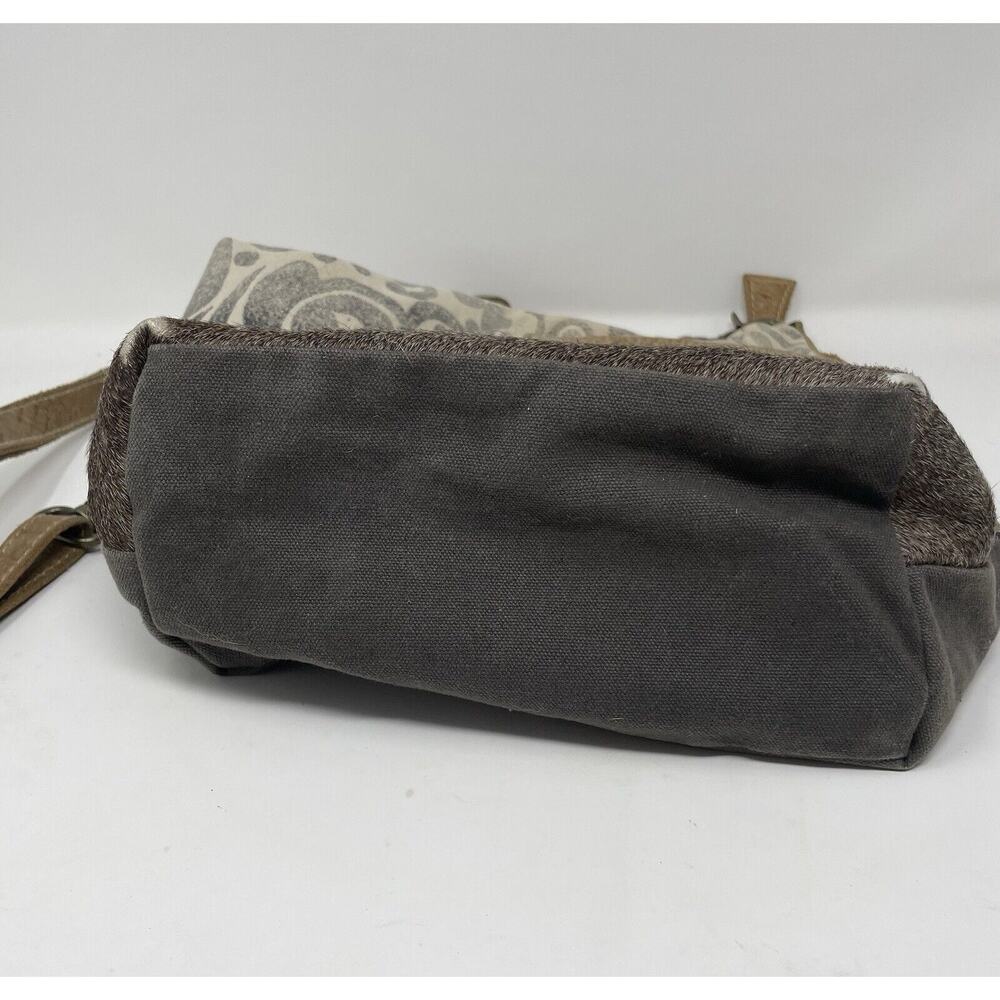 MYRA Purse Canvas Leather Cowhide Shoulder Bag Floral Gray Tan - Picture 5 of 12